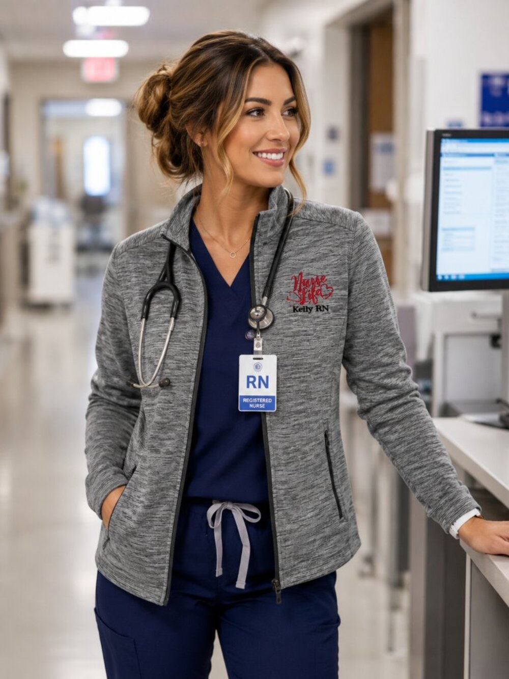 Port Authority Gray Stretch Nurse Jacket (Personalized) 2 Pocket Mock Neck LG.